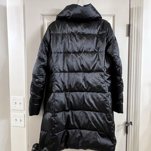 Lands' End Women M 10-12 Black Satin Down Puffer Jacket Knee Length Full Zip EUC - Picture 3 of 16